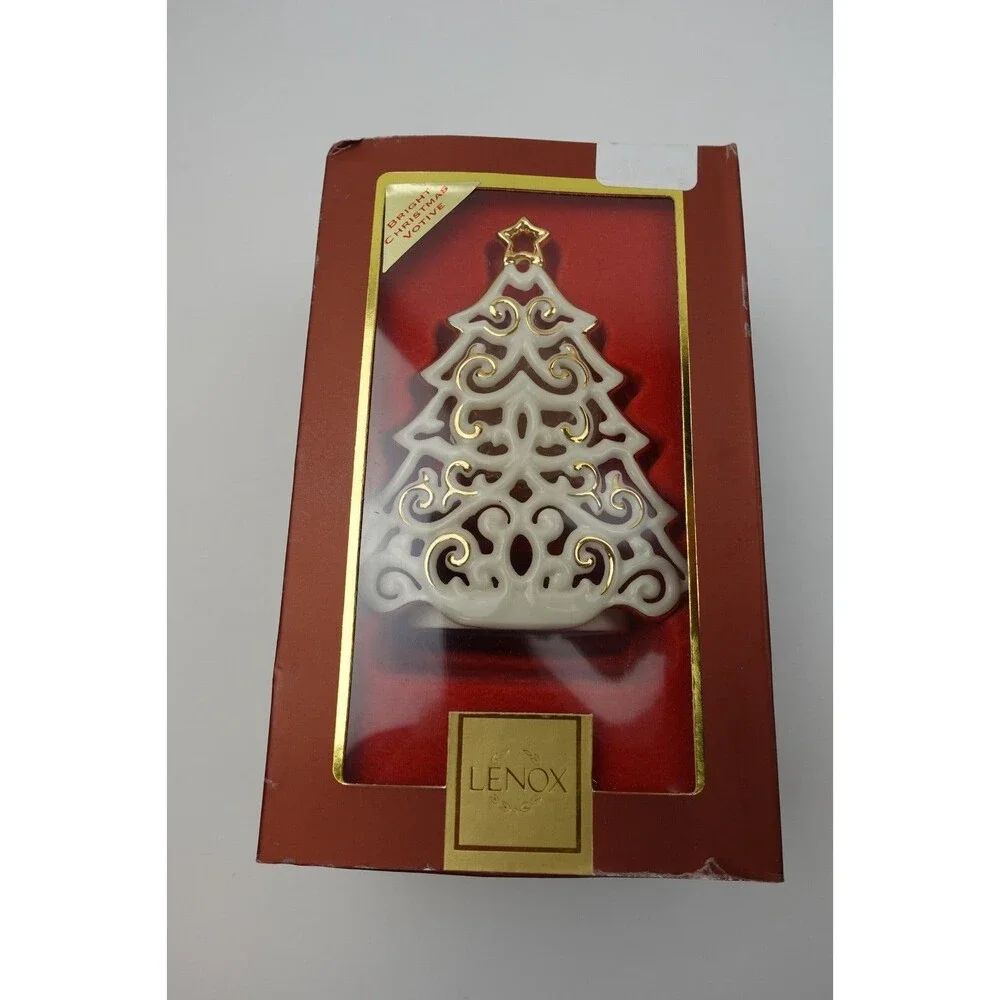 Lenox Bright Christmas Tree Votive Pierced Tree with Gold Trim Boxed
